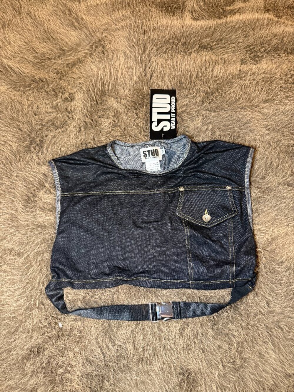 STUD Wear It Proud Denim Crop Top Harness Buckle Men’s Medium NWT